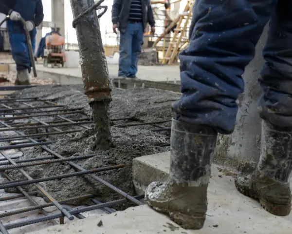 Beton na fundamenty wylewany jest na zbrojenie. Pracownicy w gumowcach nadzorują proces.
