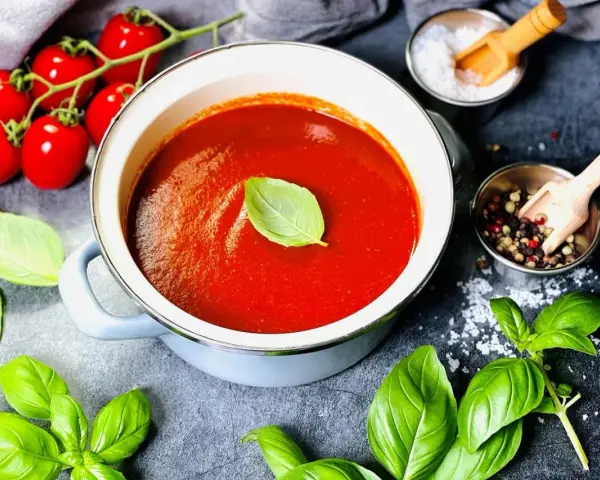 Frische Tomaten, Basilikum und Gewürze – alles bereit, um tomatensauce selber machen. Ein Genuss!