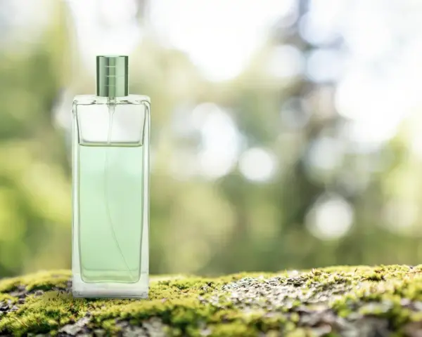 Elegancki perfum zielona herbata w szklanej butelce, stojący na mchu.