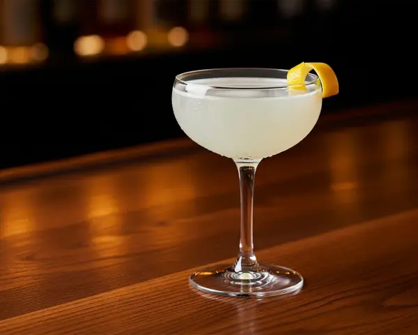 En elegant drink, en "white lady", står på en träbar. Den är garnerad med en citronskal.