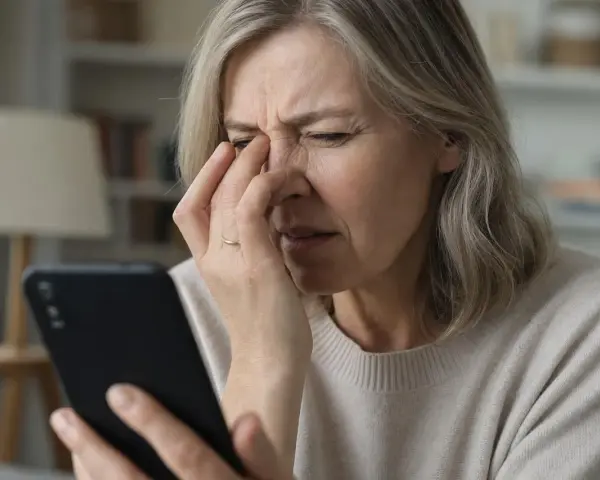 Donna anziana con disturbi visivi, forse cerchi luminosi, si tocca gli occhi mentre guarda uno smartphone.