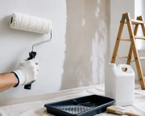 Mano guantata stuccare una parete prima di pitturare con rullo. Attrezzi da lavoro e scala sullo sfondo.