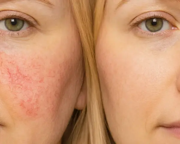 Porównanie skóry: po lewej zaczerwieniona, widoczne naczynka, po prawej gładka i zdrowa. Idealne dla skóry wrażliwej.