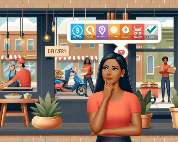Mujer pensando en opciones de software de reparto a domicilio: entrega, velocidad, mapa, precio y fiabilidad.