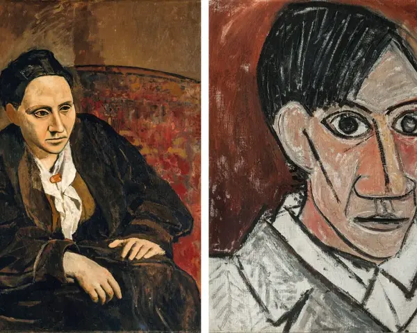 Deux portraits de Picasso, l'un d'une femme assise, l'autre d'un homme au regard intense, illustrant le cubisme.