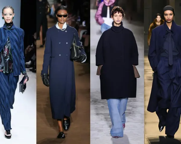 Modelos desfilan con elegantes trajes azul marino, mostrando cómo combinar traje azul marino mujer con estilo y sofisticación.