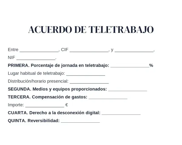 Acuerdo de teletrabajo, detallando porcentaje, lugar, medios, compensación y derecho a desconexión, conforme a la ley teletrabajo.