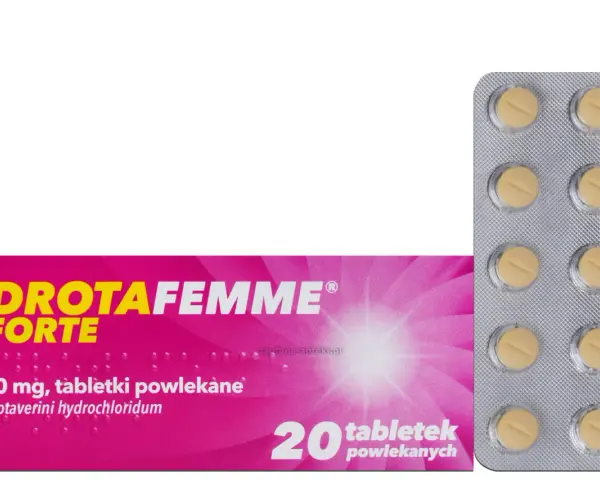 Drotafemme Forte na co pomaga? Opakowanie leku z 20 tabletkami powlekanymi, zawierającymi drotaweryny chlorowodorek.