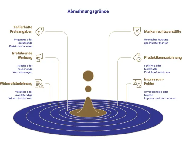 Abmahnungsgründe: fehlerhafte Preisangaben, irreführende Werbung, Markenrechtsverstöße, Produktkennzeichnung, Impressum-Fehler. Ein Muster für Abmahnungen.