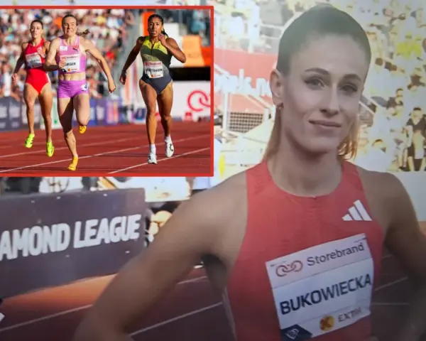 Biegaczki na bieżni, w tle logo Diamond League. Bukowiecka gotowa do startu.