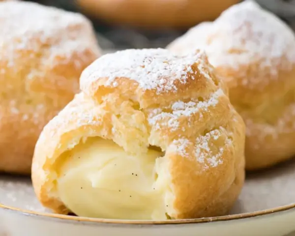 Trois choux à la crème généreusement garnis de crème pâtissière à la vanille, saupoudrés de sucre glace.