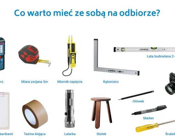 Zestaw narzędzi i akcesoriów do odbioru mieszkania: dalmierz, miara, miernik, łata, aparat, podkładka, taśma, latarka, stołek, ołówek, marker, śrubokręt.
