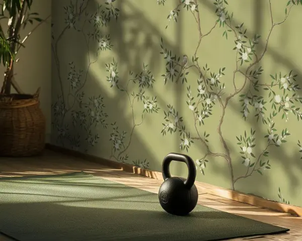 Un espacio de yoga sereno con un papel pintado de ramas floridas y pájaros, reflejando las **últimas tendencias en papel pintado** para un hogar tranquilo.