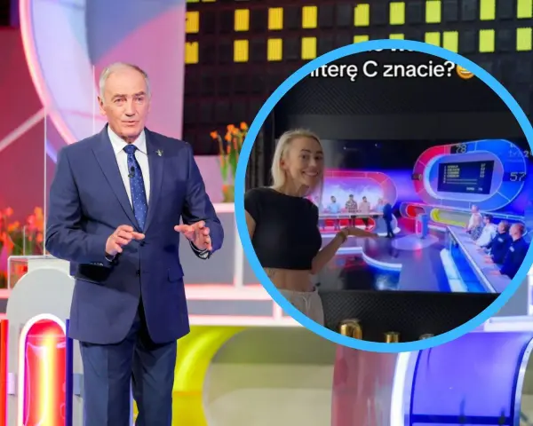 Prowadzący Familiady pyta o rodzaje orzechów. W tle widać uczestników gry i planszę z wynikami.