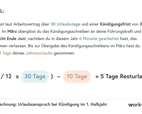 Beispielrechnung: 30 Urlaubstage Jahresurlaub, 6 Monate gearbeitet, 10 Tage genommen = 5 Tage Resturlaub. Gesetzlicher Urlaubsanspruch bei Kündigung im 1. Halbjahr.