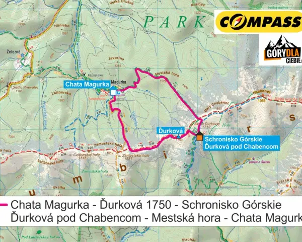 Mapa szlaków w Niżnych Tatrach: Chata Magurka, Ďurková, Schronisko Górskie Ďurková pod Chabencom, Mestská hora.