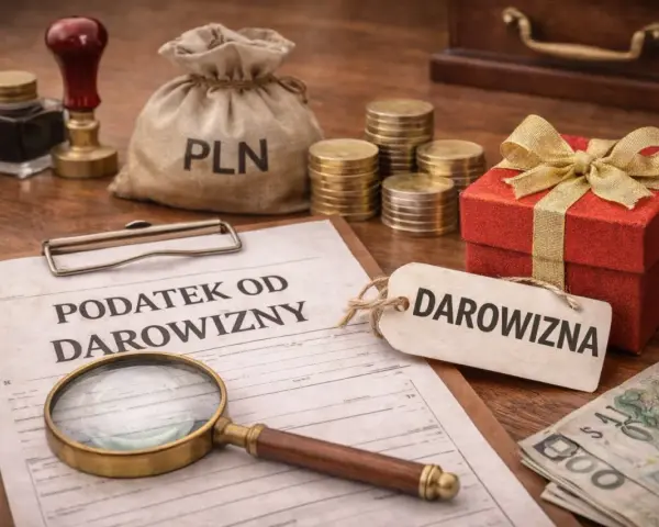 Dokument "Podatek od darowizny", lupa, worek z napisem PLN, monety, czerwone pudełko z kokardą i banknoty.