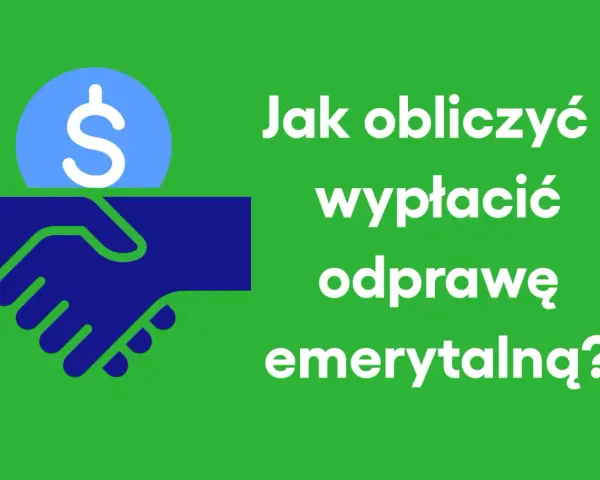 Dwie dłonie ściskają się pod monetą z symbolem dolara. Tekst: "Jak obliczyć i wypłacić odprawę emerytalną?".