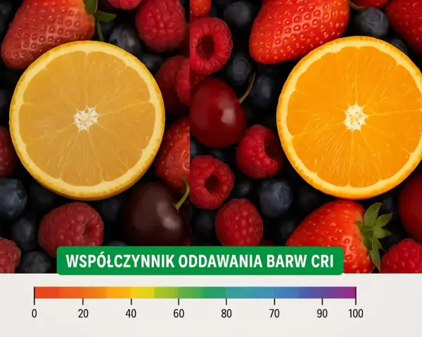 Kolorowe owoce: truskawki, maliny, borówki, wiśnie i pomarańcze. Poniżej skala z oznaczeniem współczynnik oddawania barw CRI.