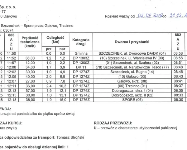 PKS Szczecinek rozkład jazdy linii 63074 Szczecinek – Spore przez Gałowo, Trzcinno. Tabela zawiera godziny odjazdów, odległości i nazwy przystanków.