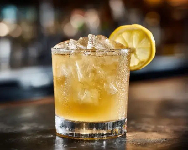 En kyld whiskey sour med is och en citronskiva, redo att avnjutas.
