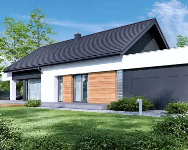 Nowoczesny dom z drewna i białego tynku, projekt homekoncept 44, otoczony zielenią.