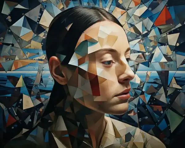 Portret kobiety, której twarz i ciało są fragmentowane w geometryczną projekcję. Tło tworzy abstrakcyjny krajobraz morski.