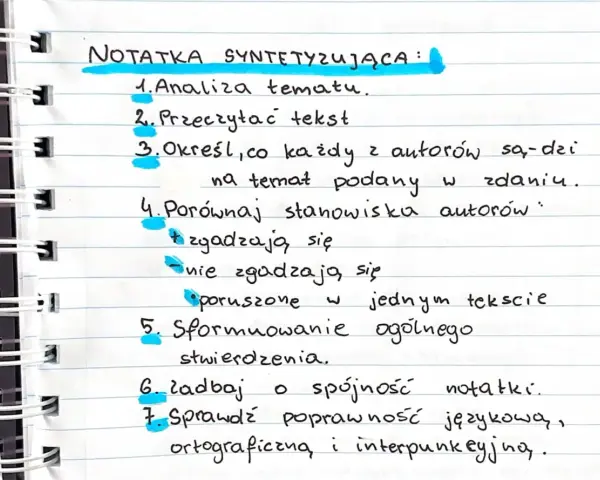 Schemat notatki syntetyzującej: analiza tematu, czytanie tekstu, określanie stanowisk autorów, porównywanie ich, formułowanie wniosków i dbanie o poprawność.