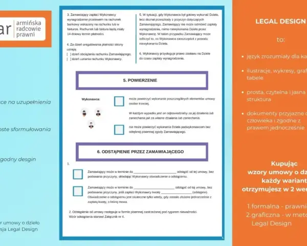 Wzór umowy o dzieło w wersji Legal Design: przejrzyste zasady, miejsce na uzupełnienia, proste sformułowania.