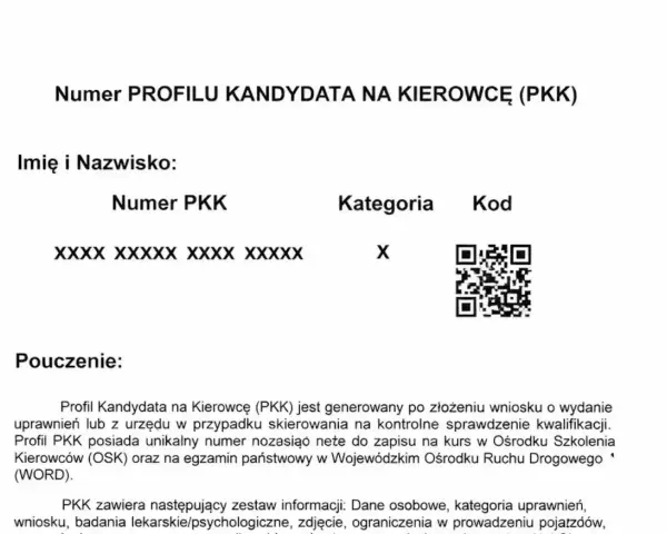 Numer PKK, kategoria X i kod QR na dokumencie Profilu Kandydata na Kierowcę.
