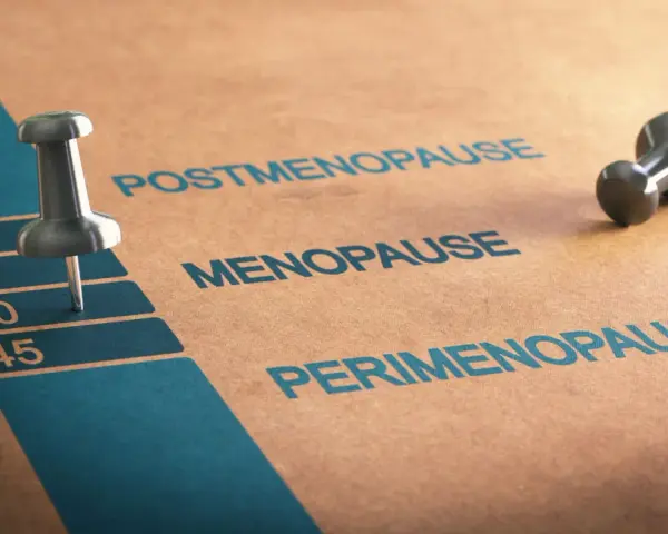 Etap życia kobiety: perimenopauza, menopauza i postmenopauza. Szpilka wskazuje wiek 45 lat, początek okresu przedmenopauzalnego.