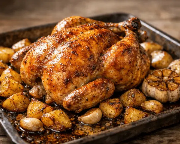 Pollo troceado al horno jugoso, dorado y crujiente, acompañado de patatas asadas y ajos enteros.
