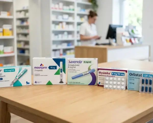 Leki na otyłość: Wegovy, Mounjaro, Saxenda, Mysimba, Orlistat na stole w aptece.