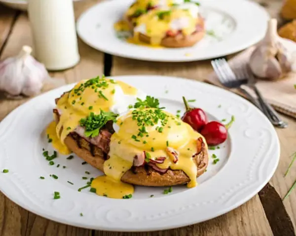 Huevos Benedictinos en plato blanco con salsa holandesa, perejil y chiles rojos.