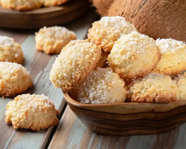 Pyszne ciasteczka keto z mąki kokosowej, posypane wiórkami, kuszą swoim wyglądem i zapachem. Idealne na dietę ketogeniczną.