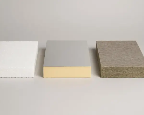 Trzy rodzaje materiałów budowlanych: biały styropian, płyta warstwowa z pianką i okładziną, oraz wełna mineralna. Każdy z nich to doskonała izolacja.