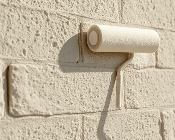 Rouleau à peinture sur un mur en parpaing texturé de couleur crème.