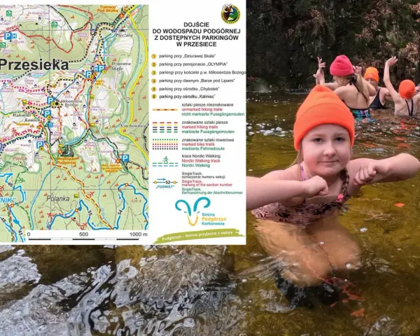 Mapa Przesieki z zaznaczonym wodospadem Podgórnej. Jak dojechać? Znajdź parkingi i szlaki piesze.
