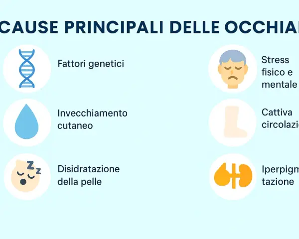 Le cause principali delle occhiaie includono fattori genetici, invecchiamento cutaneo, disidratazione, stress, cattiva circolazione e iperpigmentazione.