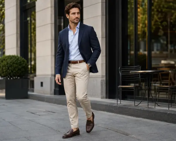 Mężczyzna w granatowej marynarce, błękitnej koszuli i beżowych spodniach prezentuje styl smart casual.