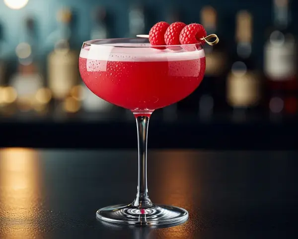 En rosa drink, en Clover Club, med hallon på en cocktailpinne.