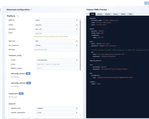 The esphome app interface shows configuration options for a "Kitchen Temperature" project, with the platform set to ESP32.