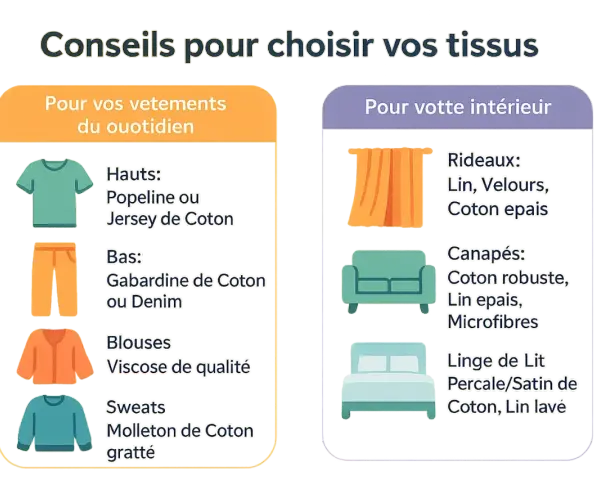 Conseils pour choisir vos tissus : vêtements du quotidien (coton, viscose) et décoration intérieure (lin, velours, coton épais).