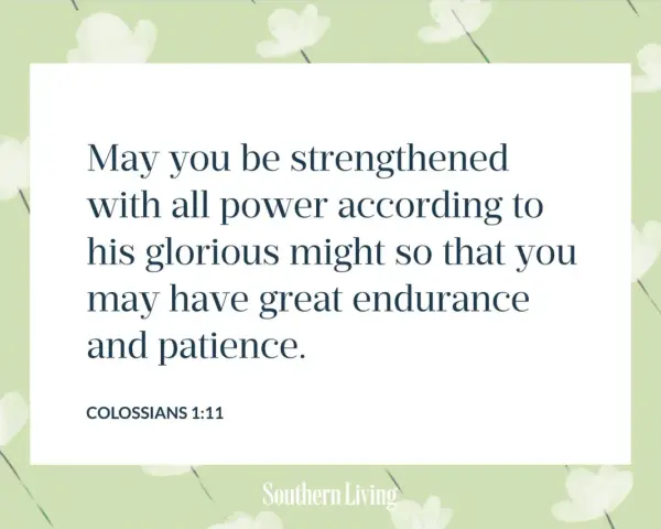 A verse from Colossians 1:11 on a light green floral background, reminding us that David encouraged himself in the Lord, finding strength and patience.