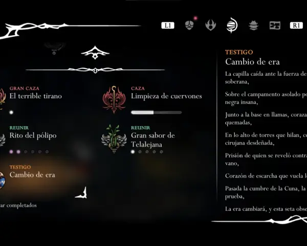 Menú de tareas de Hollow Knight. Se muestra la entrada "TESTIGO: Cambio de era", con un icono de hongo y texto poético.