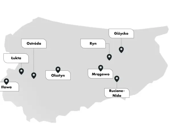 Mapa z zaznaczonymi mazury miasta: Ostróda, Łukta, Iława, Olsztyn, Ryn, Giżycko, Mrągowo, Ruciane-Nida.