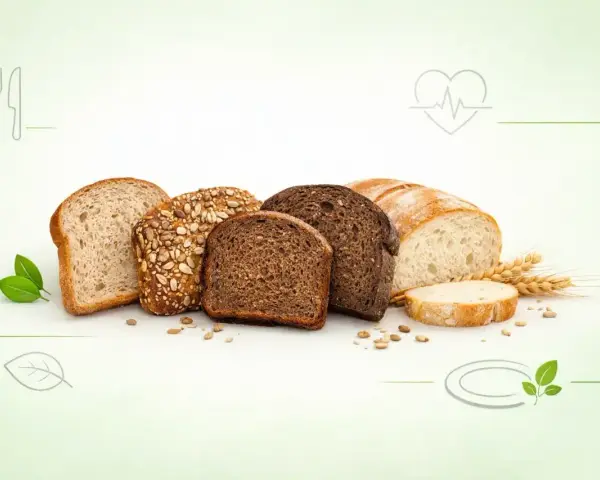 Różnorodne bochenki i kromki chleba, w tym chleb witalny z ziarnami, na jasnym tle z symbolami zdrowia i natury.