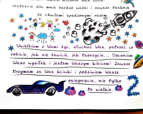 List do dziecka wzór: rysunki dzieci, rakieta, samochód i gwiazdki. Kocham Was!