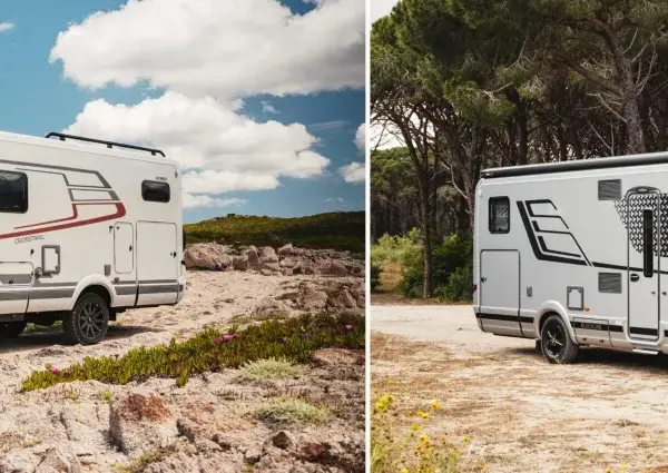 Två coola husbilar, en redo för äventyr i stenig terräng, den andra elegant parkerad vid en skog.