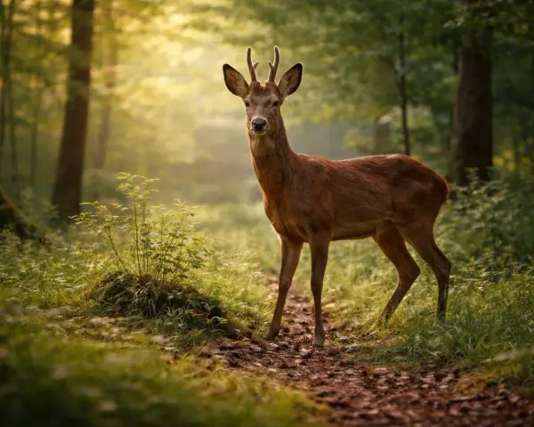 Un jeune cerf, membre de la famille du chevreuil, se tient sur un sentier forestier baigné de soleil.
